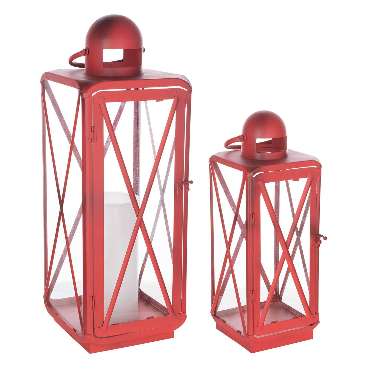 Melrose Curved Candle Lanterns with Cross Paned - 23" - Red - Set of 2